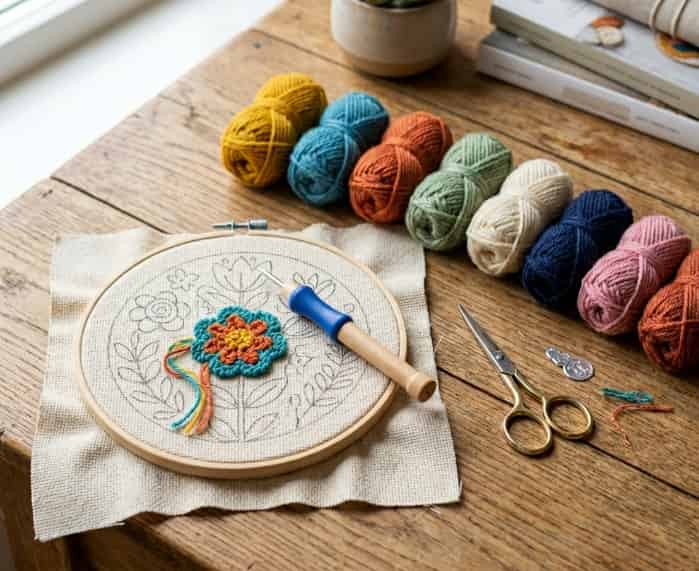 Punch needle craft kit with yarn and fabric hoop on table