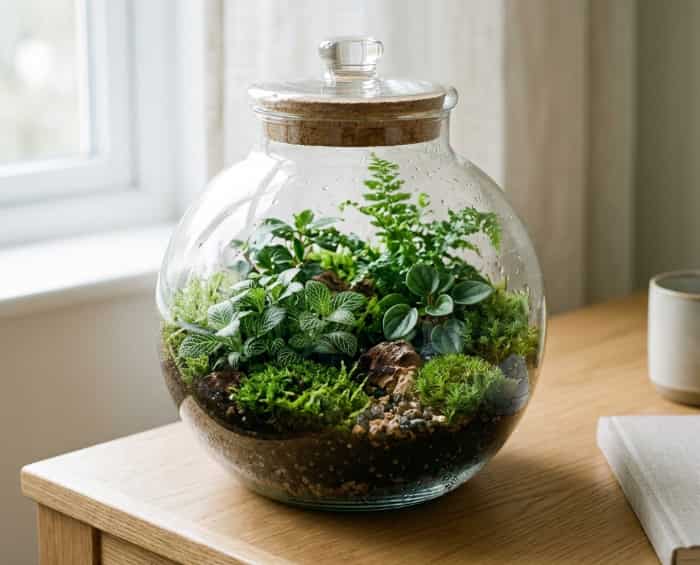 Glass terrarium with moss and small plants on wooden desk