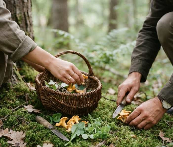 Couple gathering wild mushrooms and plants in forest