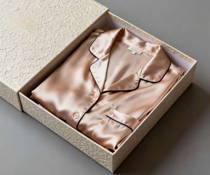 Folded luxury cashmere loungewear in a gift box, a comforting and sincere apology present for her wellbeing.