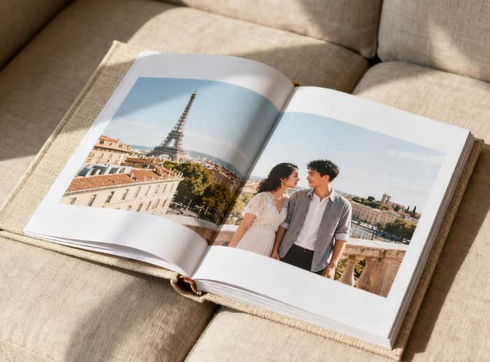 A curated memory scrapbook opened on a couch, serving as a thoughtful apology gift to rebuild happy memories together.