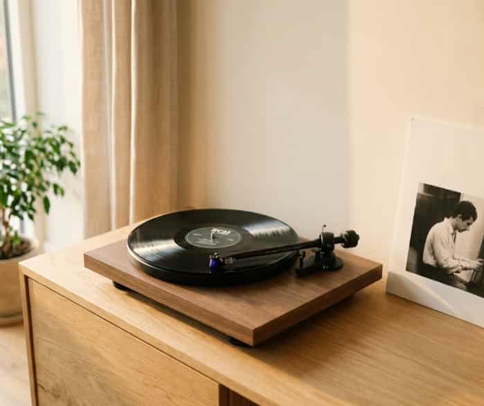 Modern turntable with vinyl record on minimalist wooden console