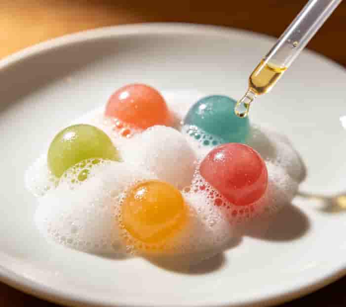 Molecular gastronomy dish featuring colorful edible spheres and foam on a white plate with a dropper