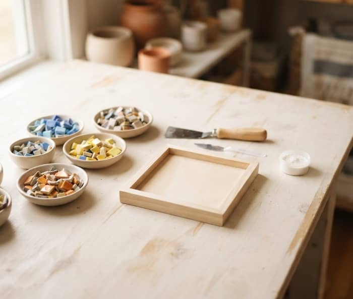 Organized mosaic supplies and wooden frame on wooden table in warm natural light