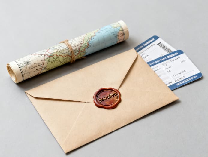 A sealed mystery envelope with a travel map, hinting at a surprise getaway for two.