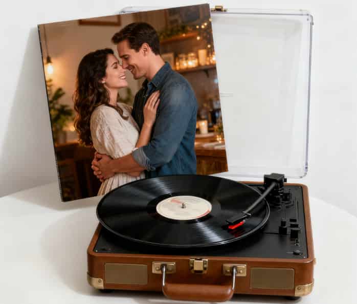 A custom vinyl record spinning on a turntable, its jacket featuring a photo of you both.