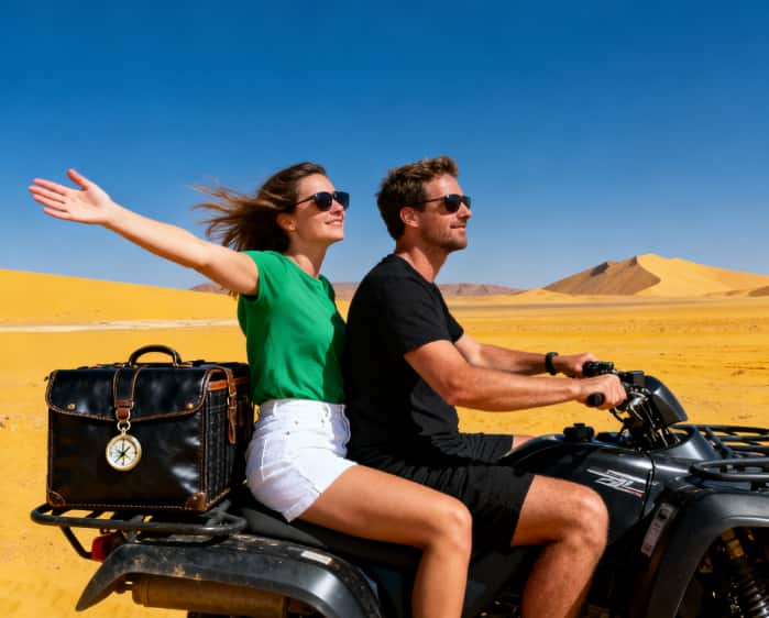 Couple on an ATV adventure heading to a secluded picnic spot.