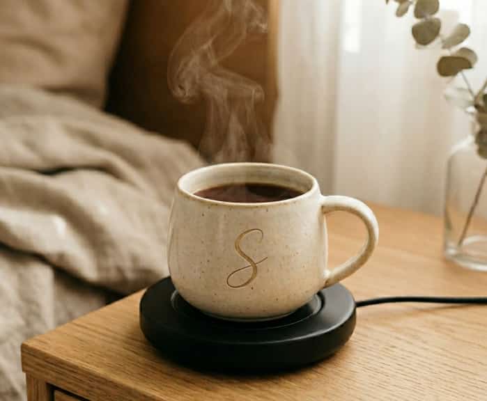 Personalized ceramic mug on warming plate with soft steam