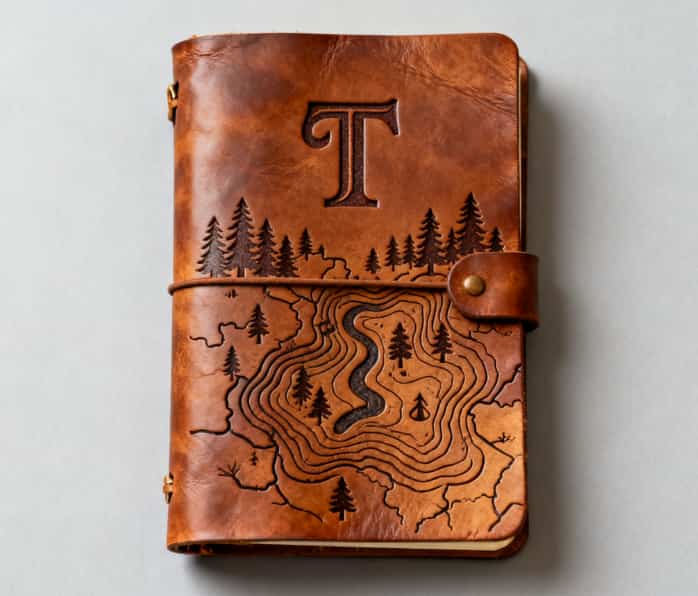 A leather travel journal embossed with a map and her initials, ready for adventures.