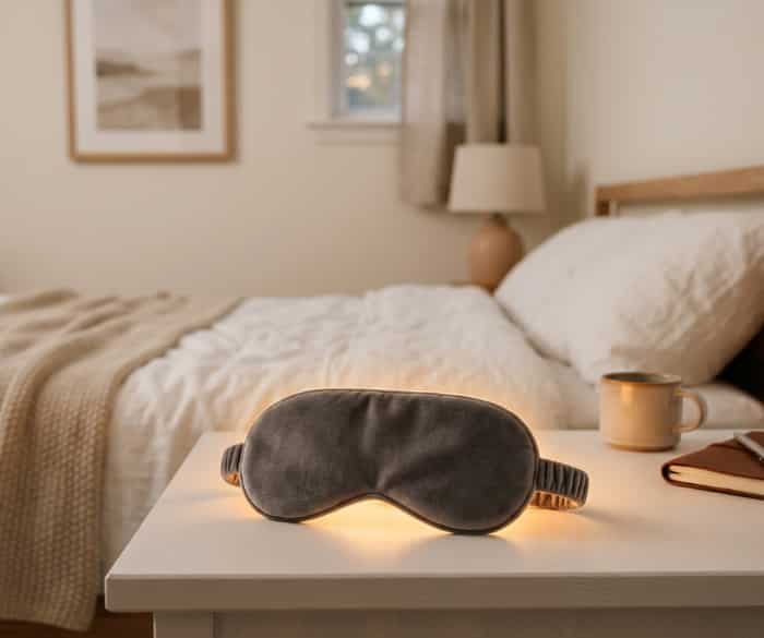 Grey light-therapy sleep mask with soft warm illumination on a nightstand, next to a bed