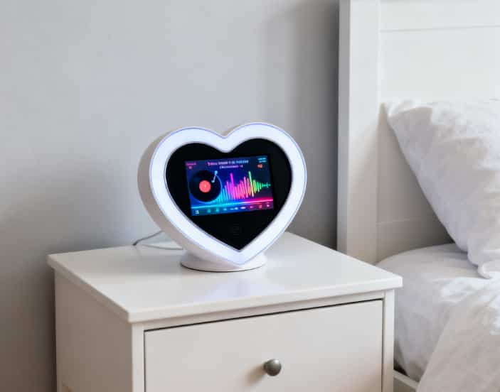 A digital frame showing a personalized song animation shaped like a heart, a modern and sincere apology gift.
