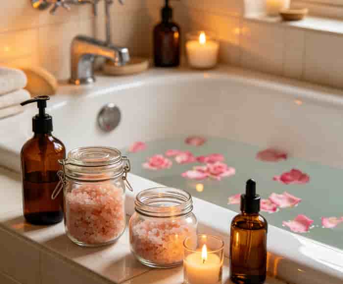 Bathtub filled with rose petals, surrounded by jars of bath salts, body oil, and lit candles