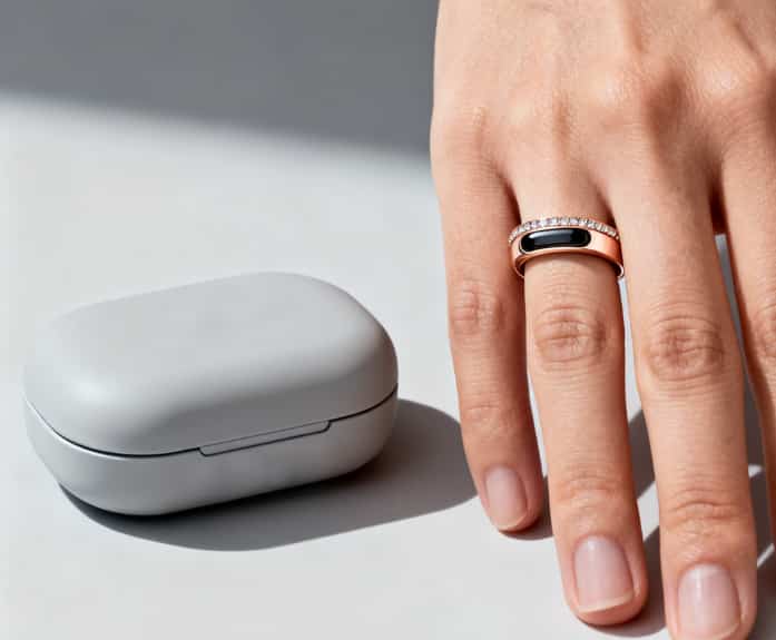 A sleek wellness ring on her finger, engraved with coordinates of a special place.