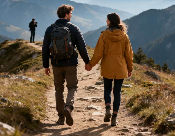 Couple enjoying a professional photoshoot during a scenic hike.