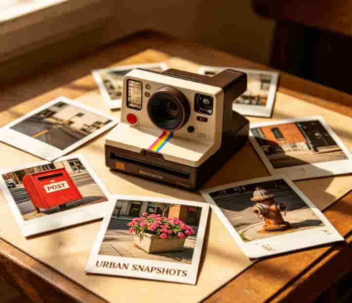 Polaroid camera and scattered instant photos of urban details like mailboxes and flowers on a table