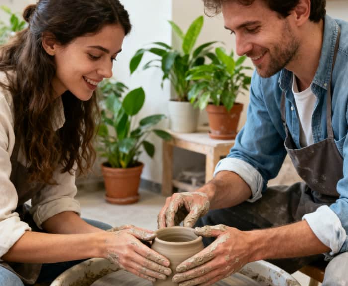 A couple laughing together while shaping clay on a pottery wheel during a class.