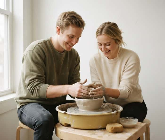 Young couple smiling while shaping clay on pottery wheel in bright studio