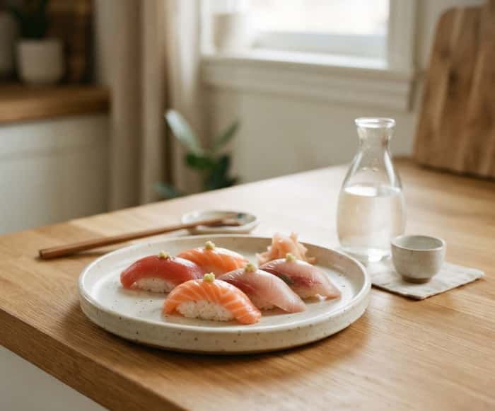 Fresh handmade sushi nigiri served on ceramic plate with sake bottle