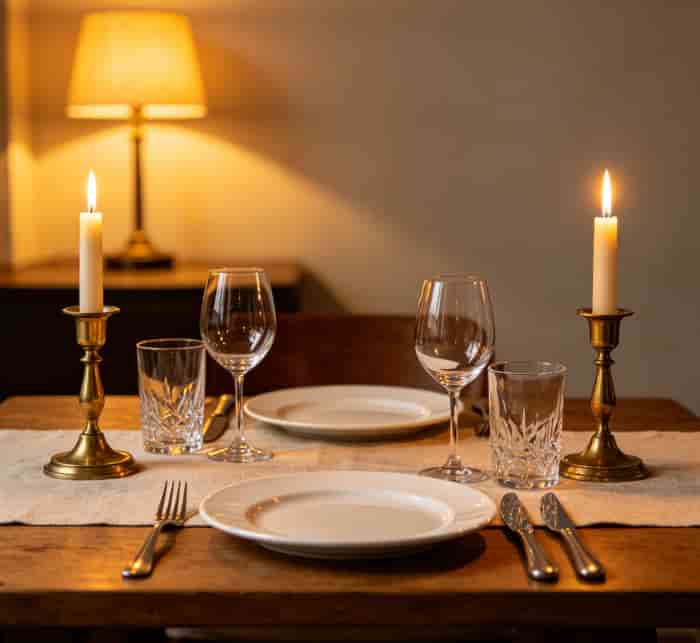 Romantic dinner table setting with candles and empty plates ready for a private chef experience at home
