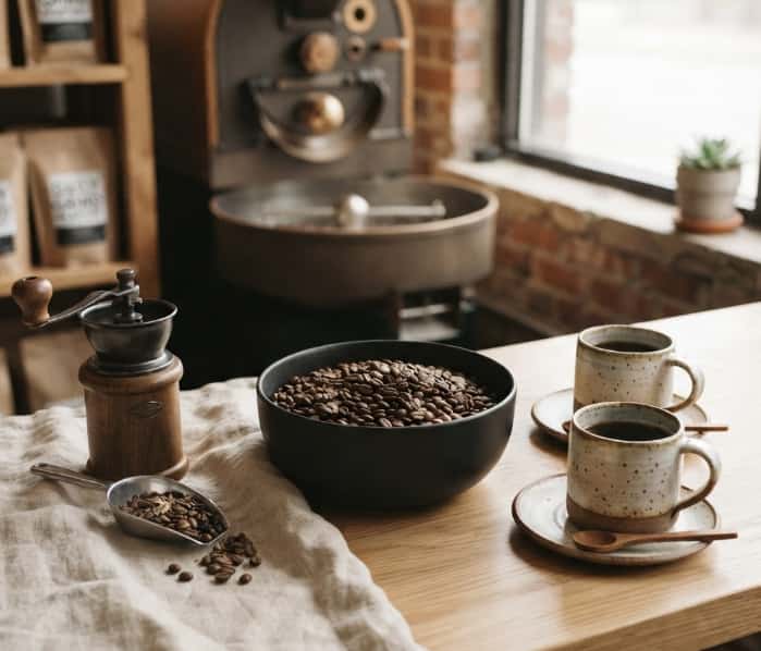 Close-up of roasted specialty coffee beans scattered next to two handmade ceramic mugs on a wooden table.