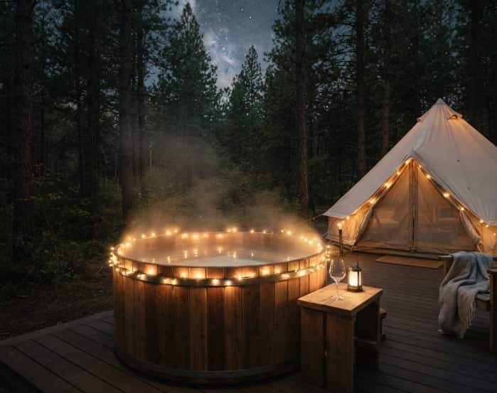 A luxury glamping tent in a pine forest next to a steaming cedar hot tub under a starry night sky