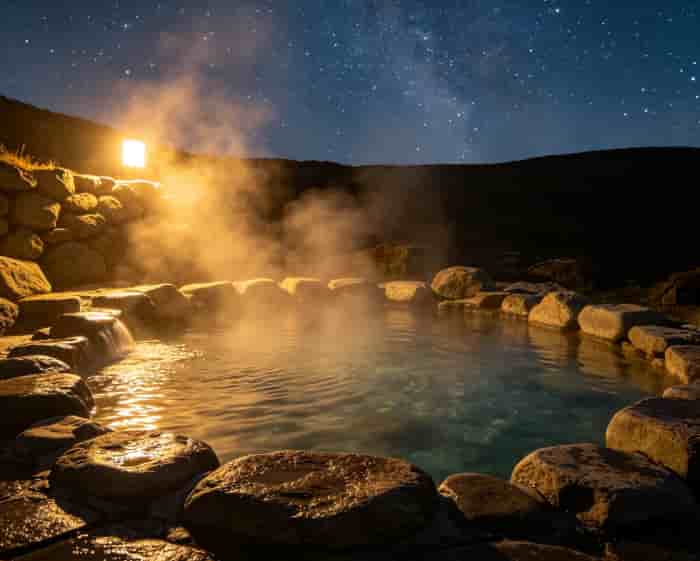 Steaming private natural hot spring pool surrounded by stones under a star-filled night sky