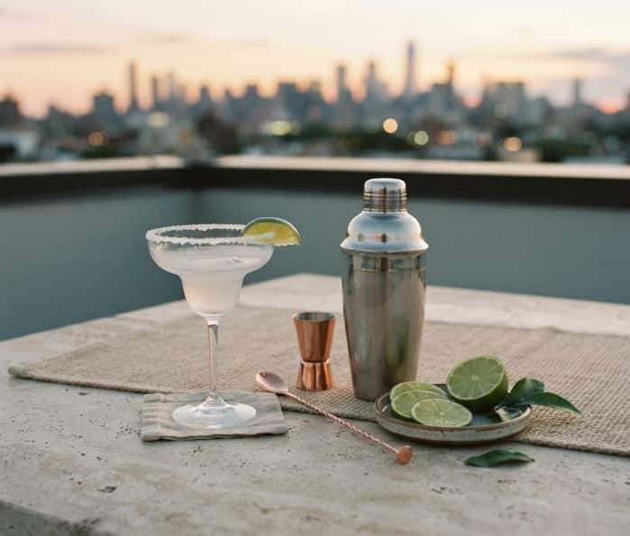 Rooftop cocktail setup with margarita and city skyline view