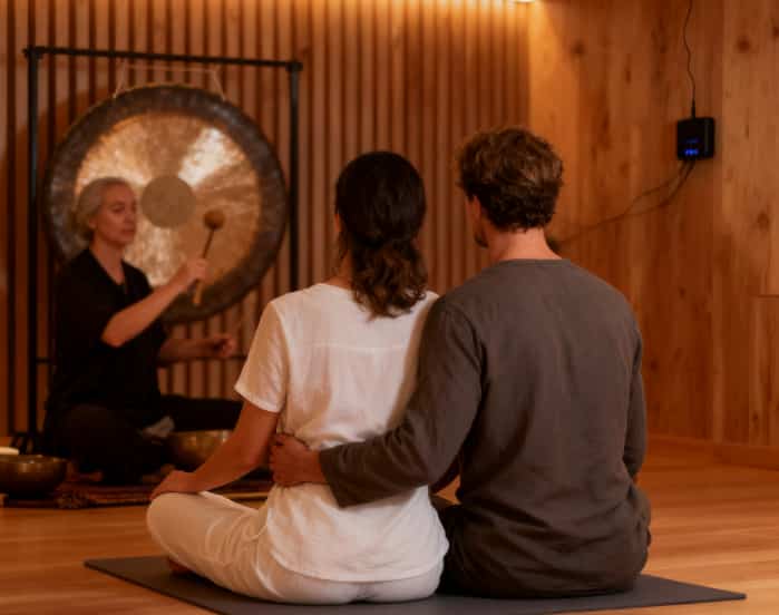 Couple relaxing during a private sound bath meditation experience.