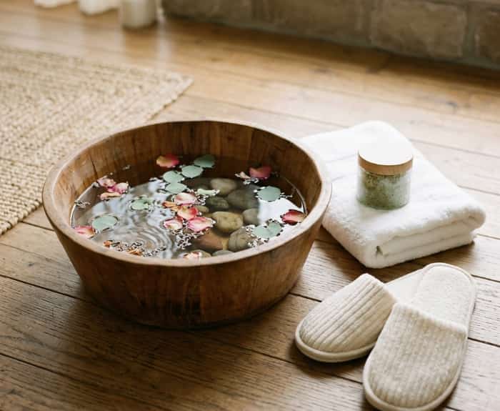 Foot spa basin with peppermint scrub jar and soft slippers