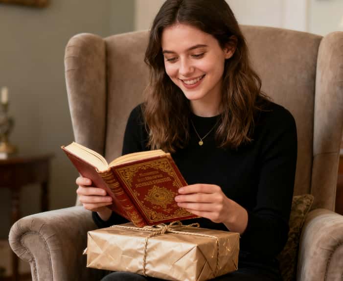 A woman in an armchair delightedly unwrapping a rare first-edition book.