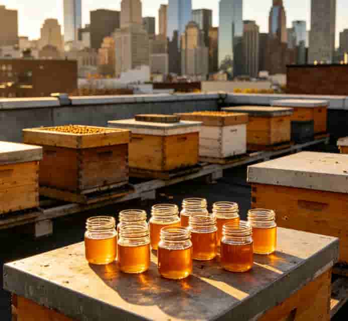 Urban rooftop beehives with small jars of honey in the foreground and a city skyline behind