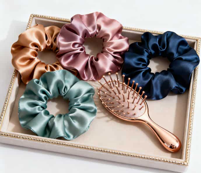 Set of silk hair scrunchies and a scalp massager for gentle hair care and tension relief.