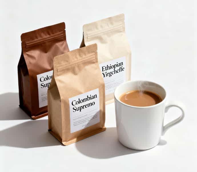 Several small bags of gourmet coffee beans arranged in a row, a gift for a coffee lover