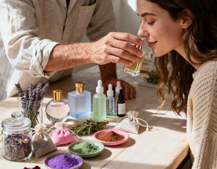 A woman and a perfumer collaborating to create her unique signature scent.