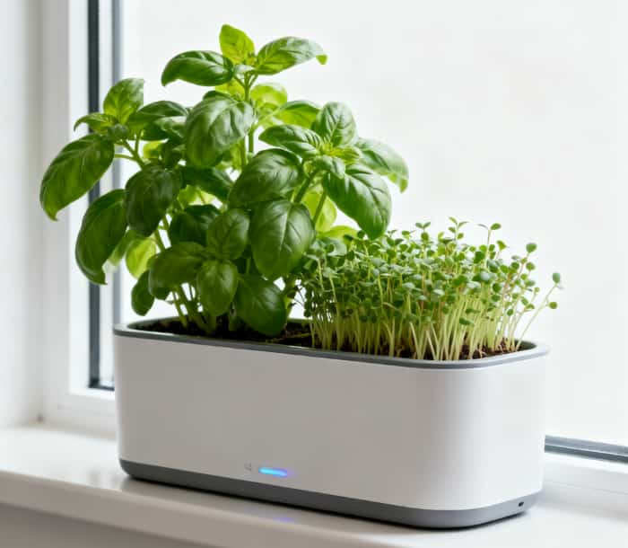 A sleek smart indoor garden with thriving herbs, representing a thoughtful gift for growth and reconciliation.