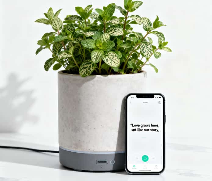 A sleek smart planter thriving with herbs, beside a phone showing a loving message from its app.