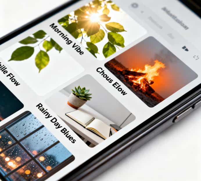 Smartphone screen displaying several thoughtfully curated playlist covers