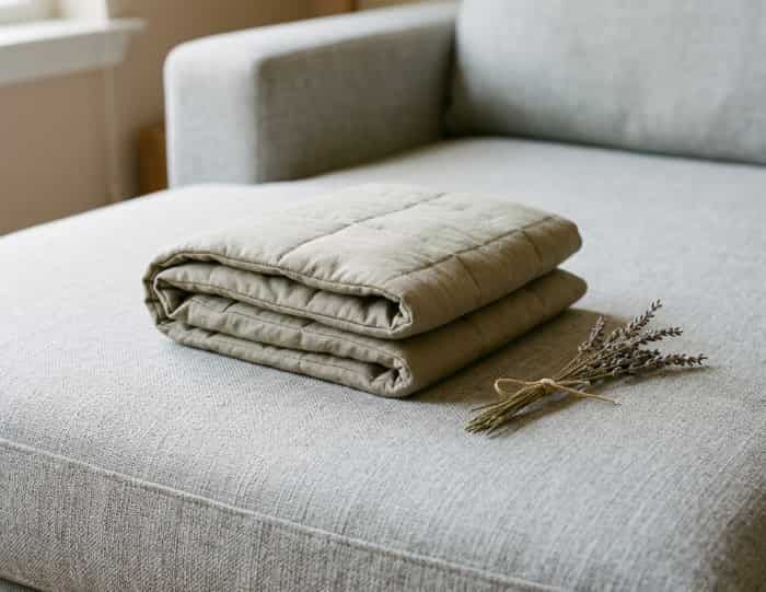 A folded, beige weighted microwaveable heating wrap placed on a grey couch next to a small sprig of dried lavender