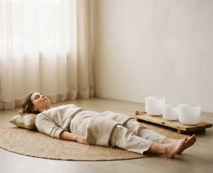 Woman relaxing on meditation mat with crystal singing bowls in wellness studio