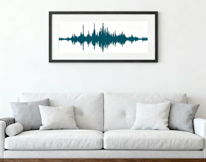 A framed soundwave art print hanging in a modern living room, capturing a special voice message.