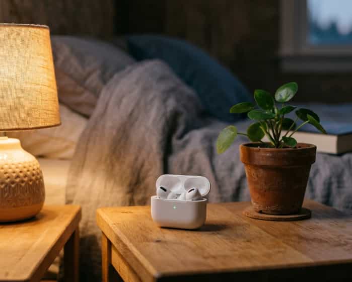 Wireless earbuds on nightstand beside small plant