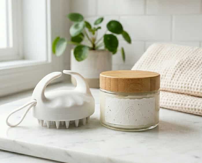 Scalp massager and hair mask jar on marble surface
