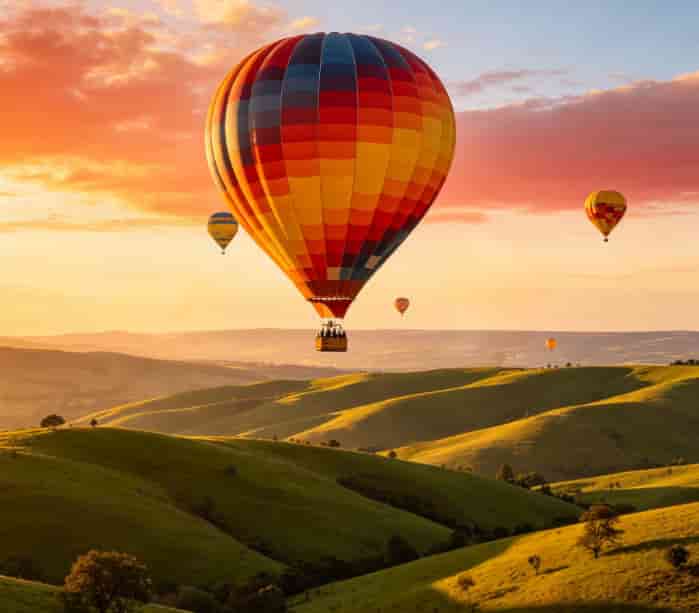 Colorful hot air balloons drifting over rolling hills during a golden sunrise
