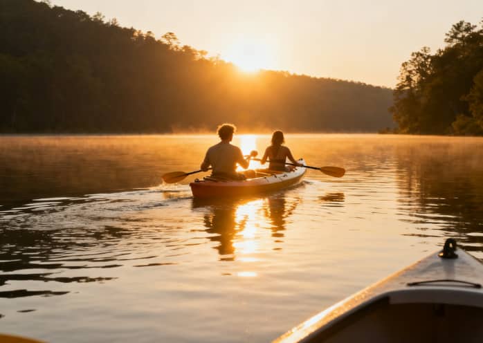 Couple kayaking at sunrise as a peaceful and romantic experience gift.