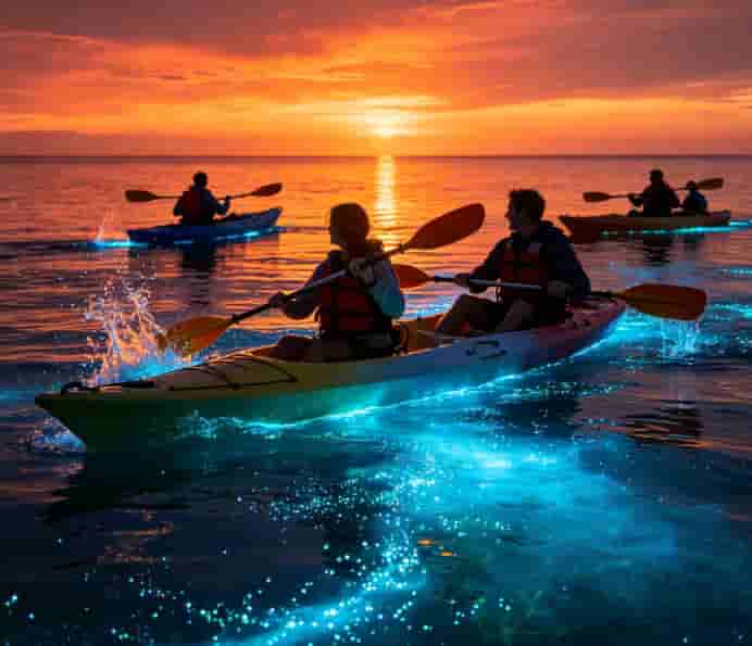 Bioluminescent blue glow swirling around the shaft of a kayak paddle in dark water at night