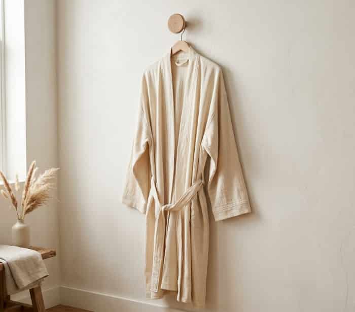 A soft cream-colored linen robe hanging on a wooden wall hook in a minimalist, bright bathroom
