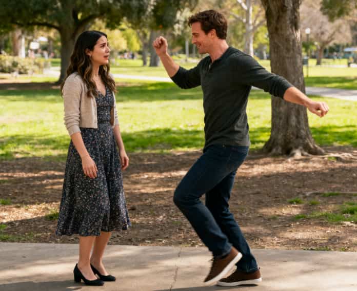 Man surprising his girlfriend with a dance performance in the park.