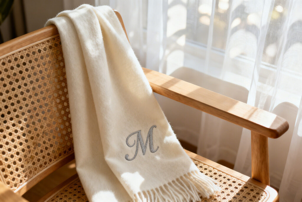 Thoughtful Gifts for Your Girlfriend A cream scarf with embroidered "M" draped over a wooden rattan chair in sunny light, ideal personalized gift for girlfriend.