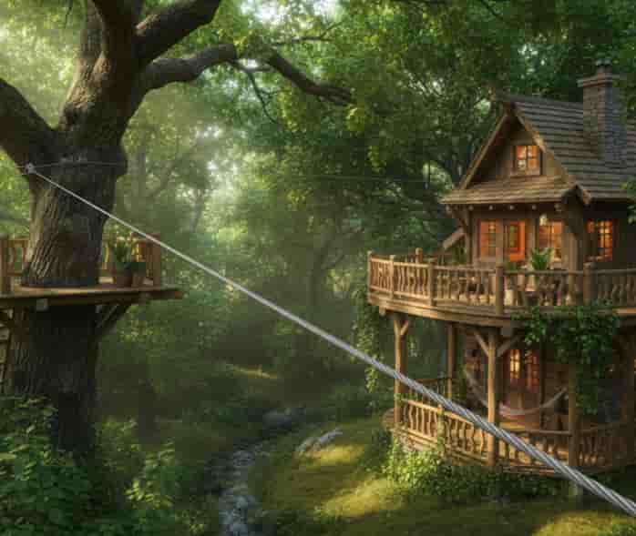 Zipline cable stretching toward a cozy treehouse nestled in the canopy of leafy trees