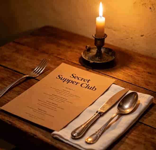 Secret supper club table setting with a kraft paper menu, candle, and vintage flatware in dim ambient light
